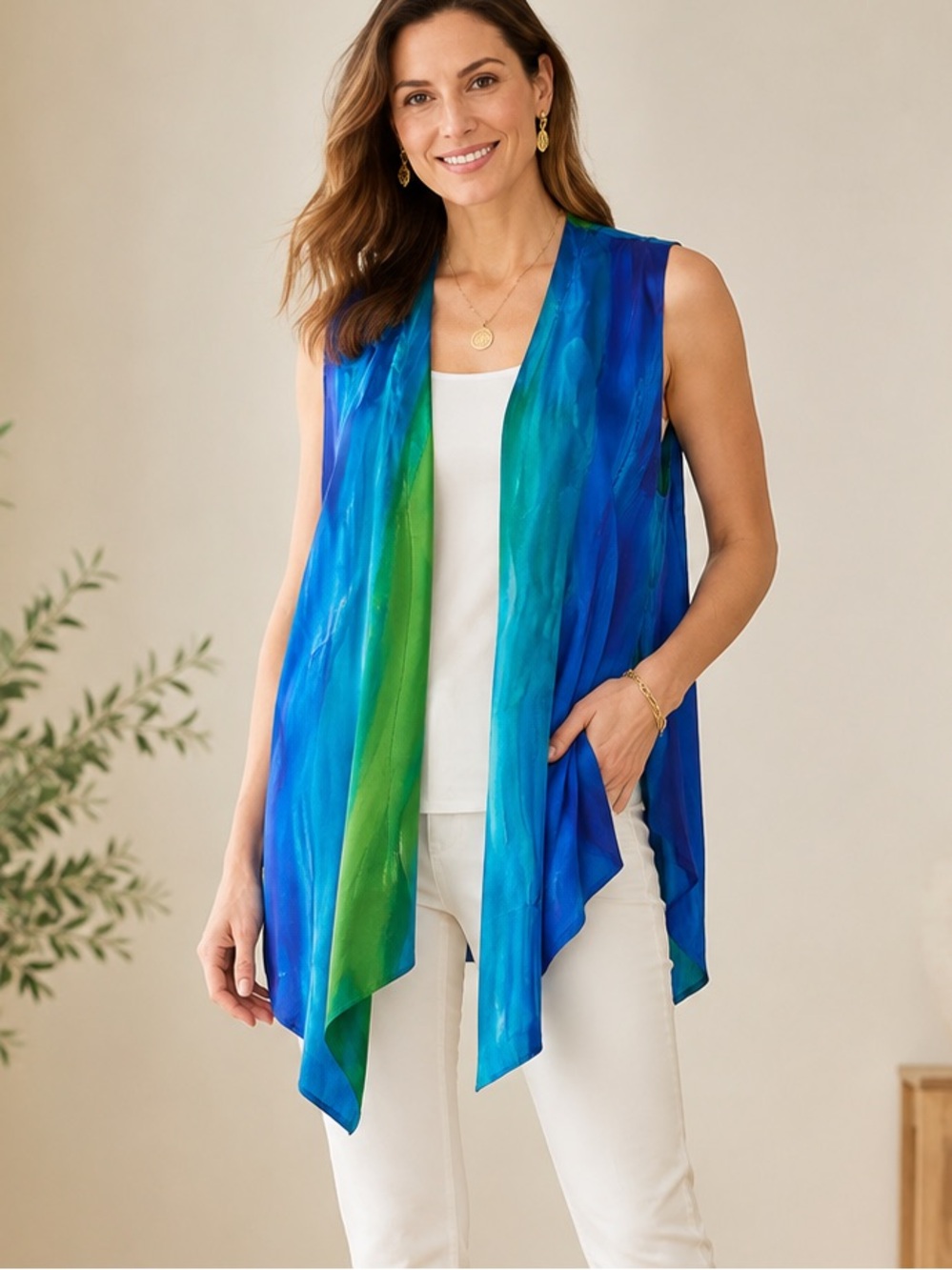 Aliki Yamani Creations 100% Silk Watercolor Art-to-Wear Long Vest S Blue Green